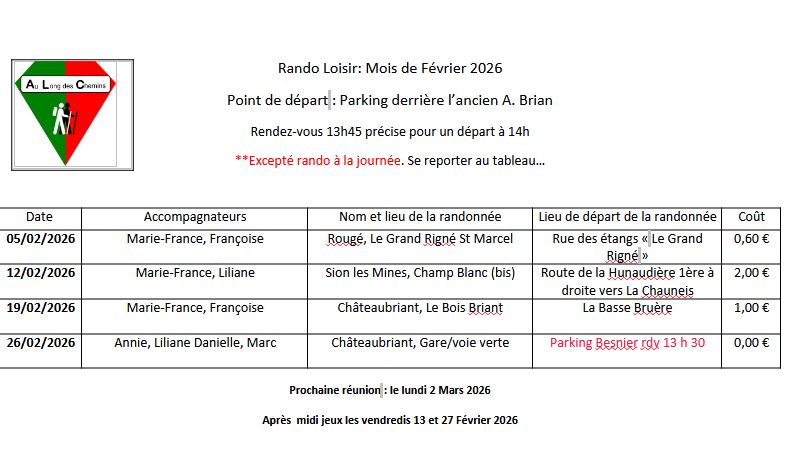 Rando loisir Février 2026